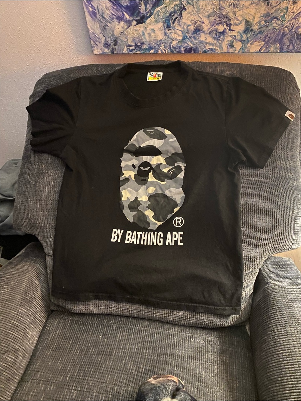 Bape Black Tee with Gray/Cream Camo Ape Head